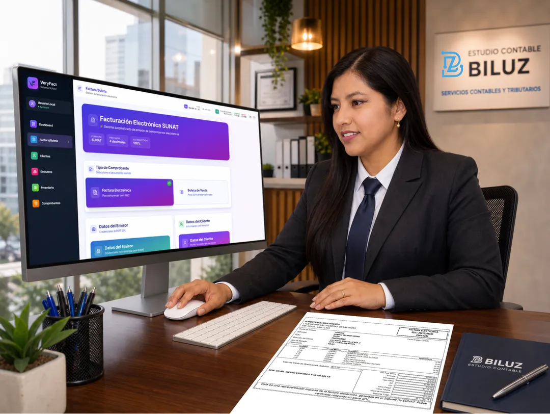 Panel del facturador electrónico VeryFact con comprobantes y gráficos de ventas en tonos celeste y morado